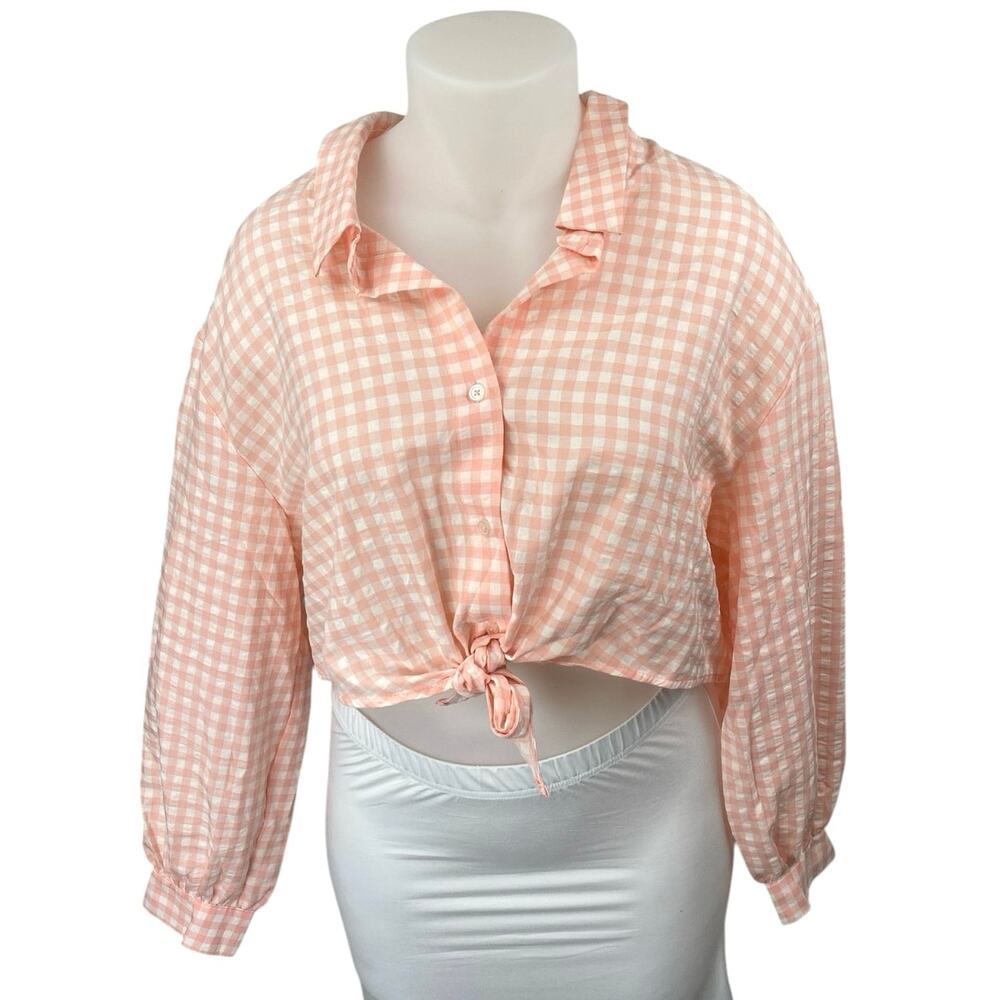 H&M Women's Orange Coral Gingham Check Long Sleeve Crop Button Down Shirt Top XL